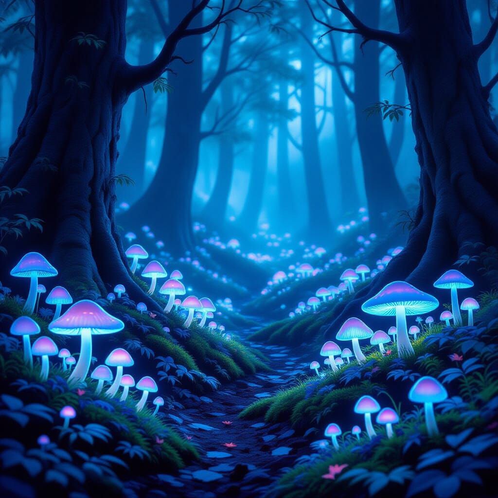 Glowing Bioluminescent Mushrooms in Mystical Forest