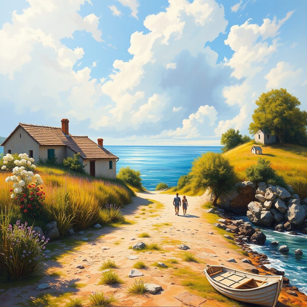 Summer Country Landscape Painting with People by Sea