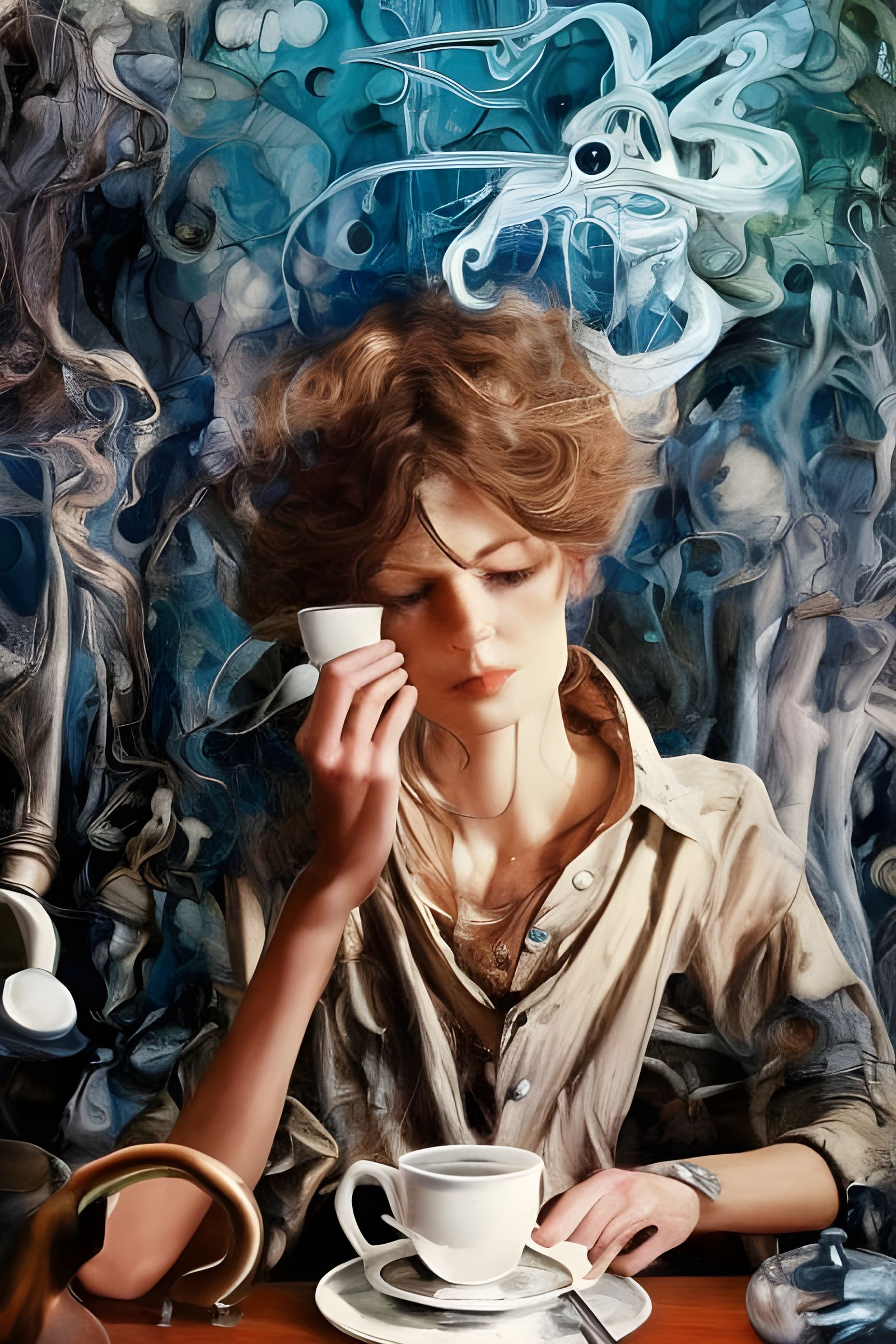 Beautiful Woman Enjoying Tea in Cafe: Photorealistic Portrai...