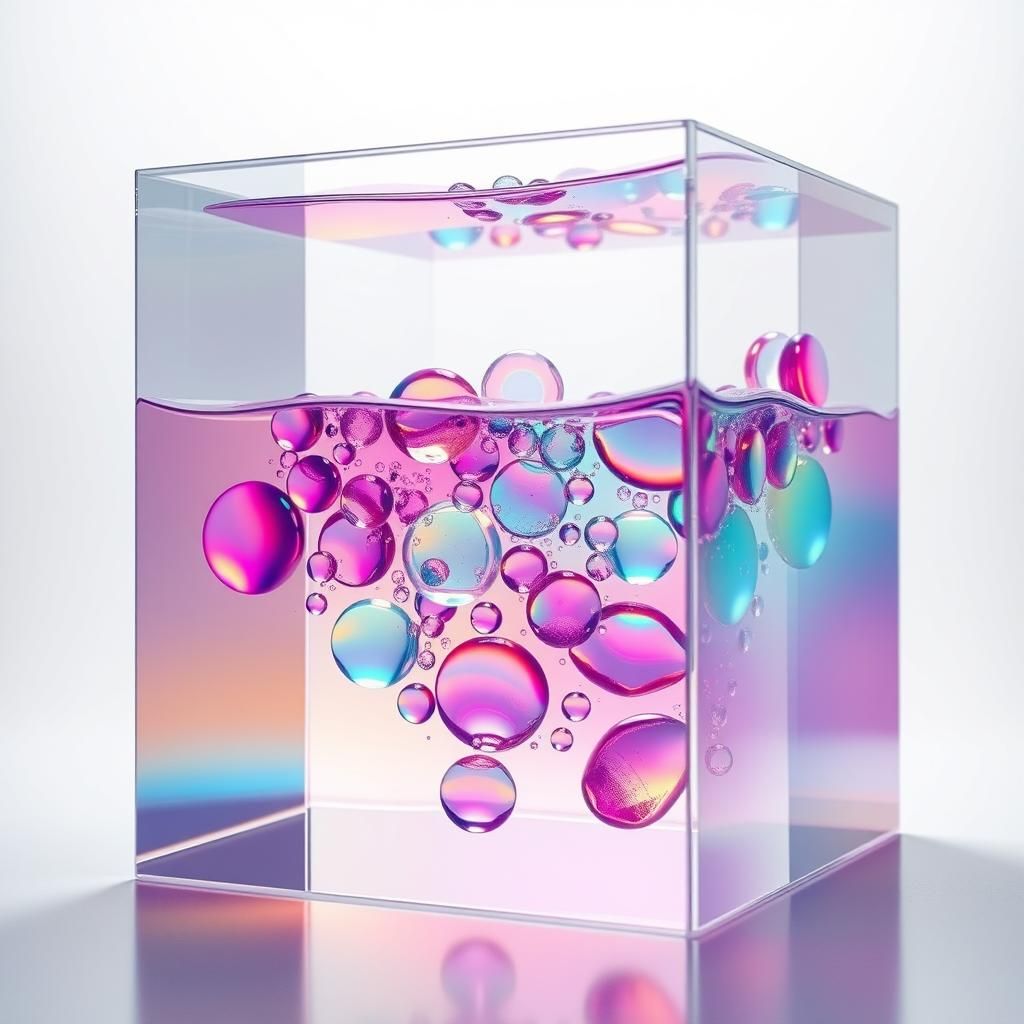 Rainbow Droplets in Glass Cube: Surreal Dreamscape