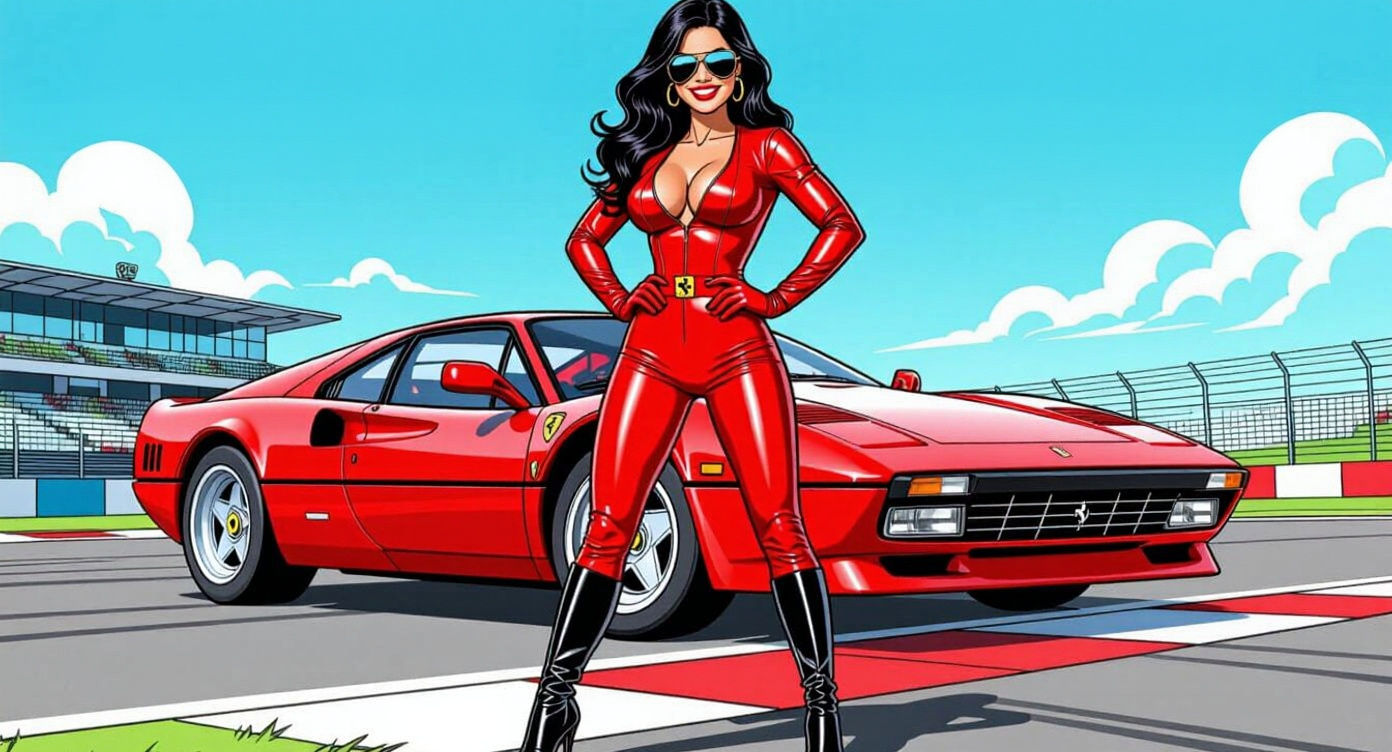 Italian Model in Red Leather with Ferrari, Comic Book Art