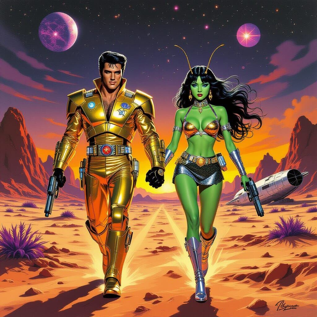 Futuristic Elvis and Alien Princess on Distant Planet