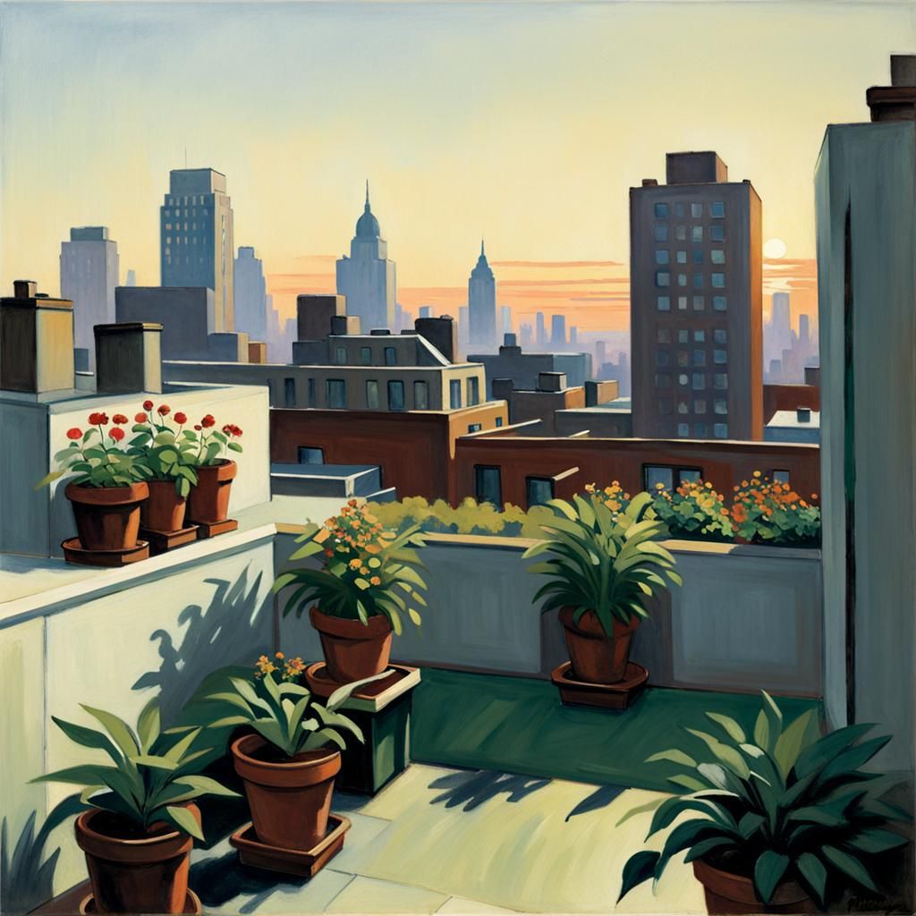 Art by Edward Hopper, tranquil rooftop garden scene, high-rise buildings in the background, contrasting with vibrant gre...