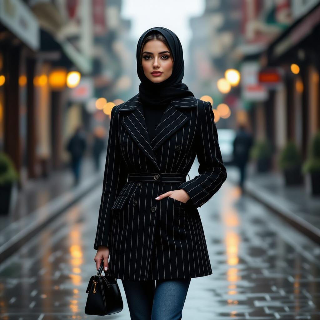 Elegant Woman in Rainy City Street Reflections