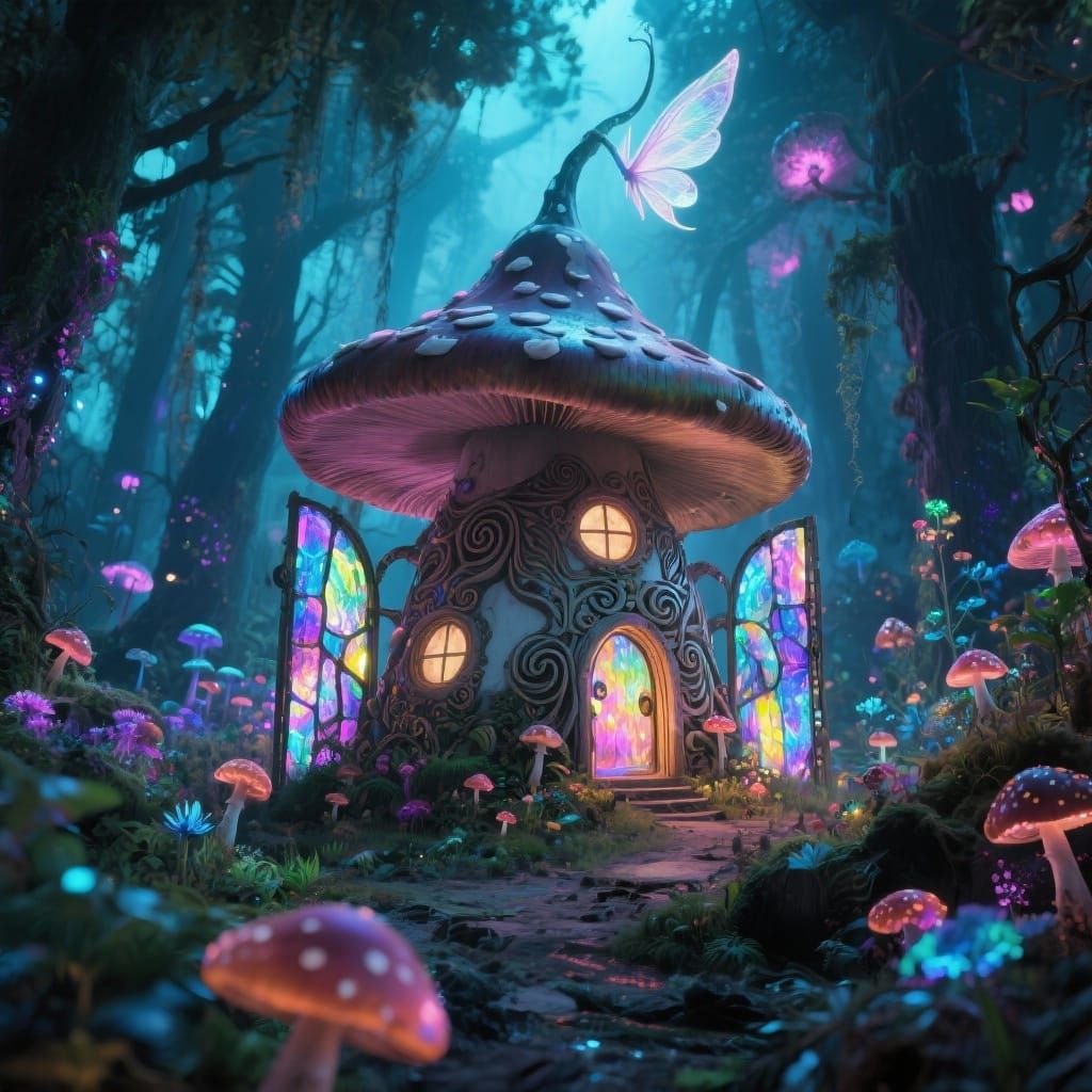 Bioluminescent Fairy Mushroom House in Post-Apocalyptic Fore...