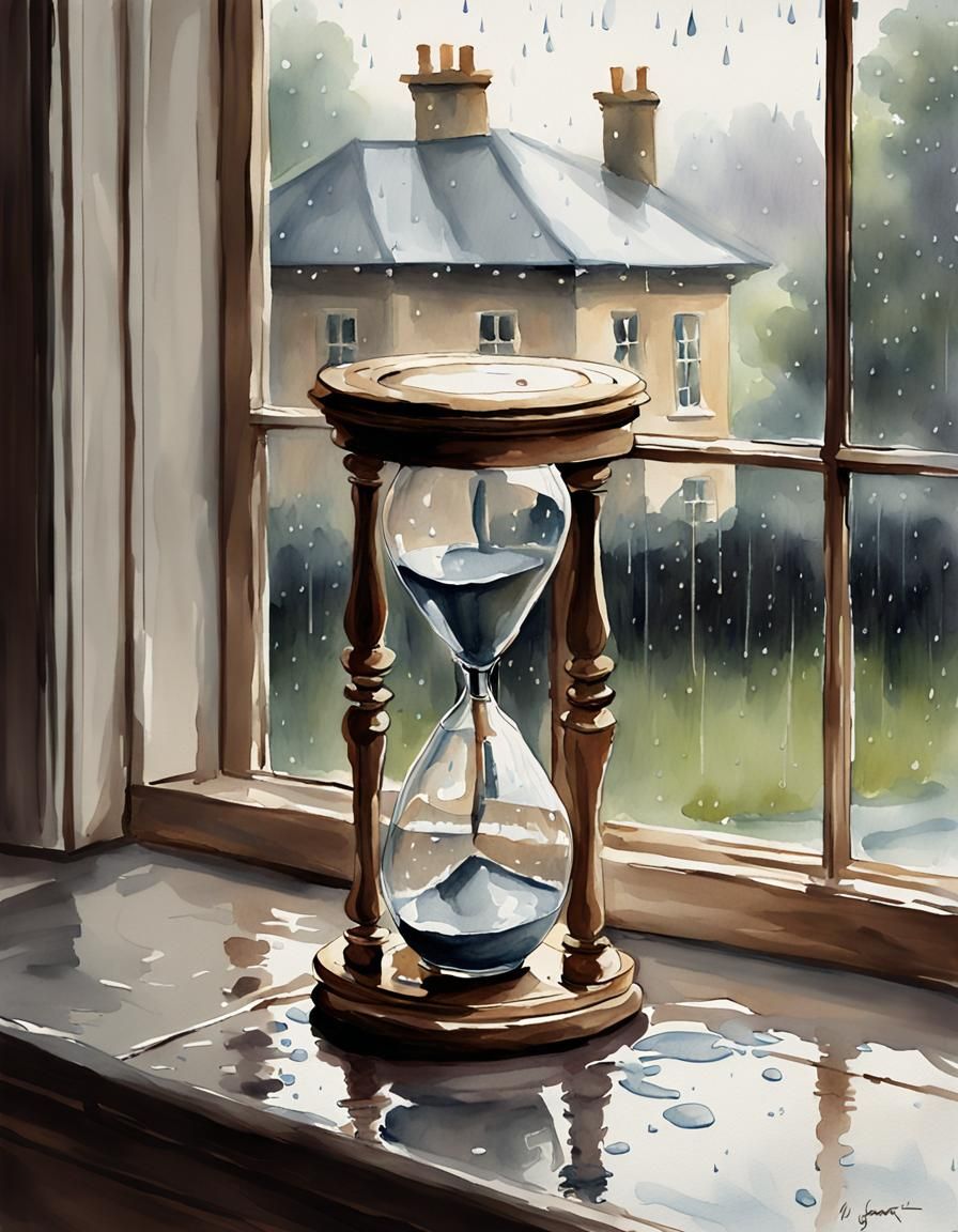 Watercolor Hourglass on Rainy Windowsill
