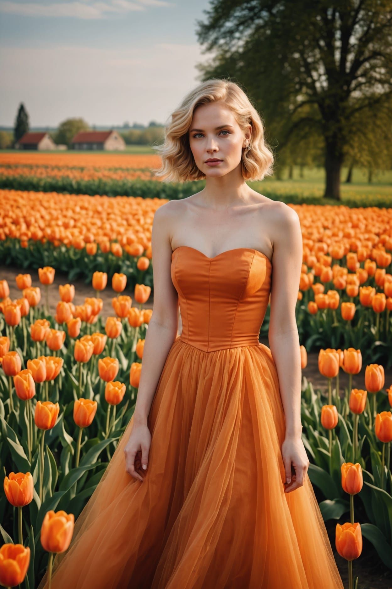 Elegant Dutch Woman in Orange Tulle Dress