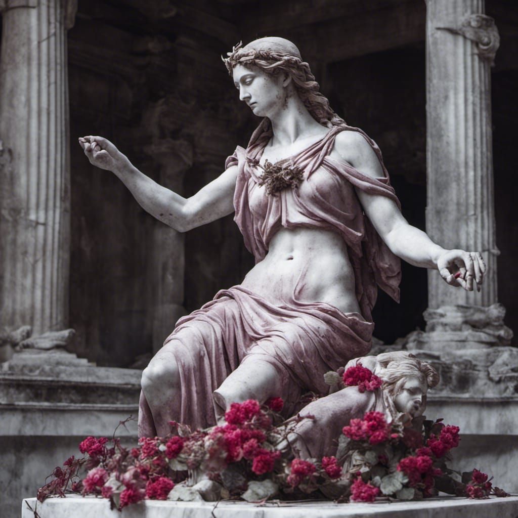 Scarlet Vines Adorn Goddess in Ruined Temple