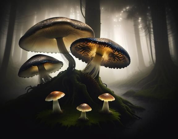 Mystical Forest with Jellyfish and Toadstools