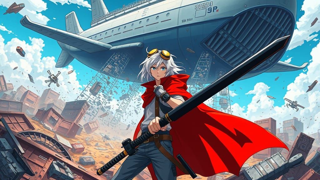 Epic Anime-Style Fighter Amidst Junkyard Chaos