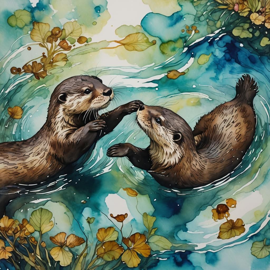 Playful Otters Swimming in Alcohol Ink Style