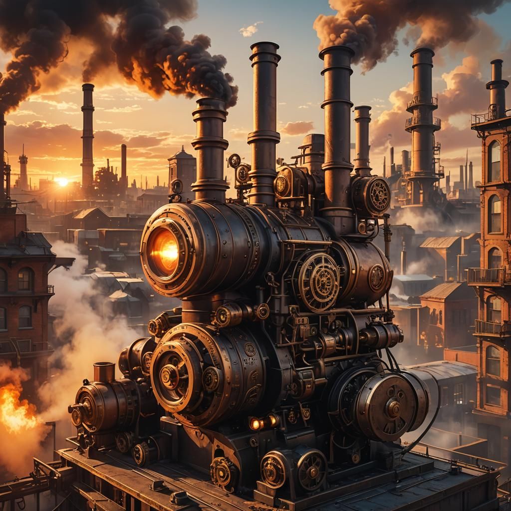 Steampunk Cityscape at Sunset: Detailed Concept Art