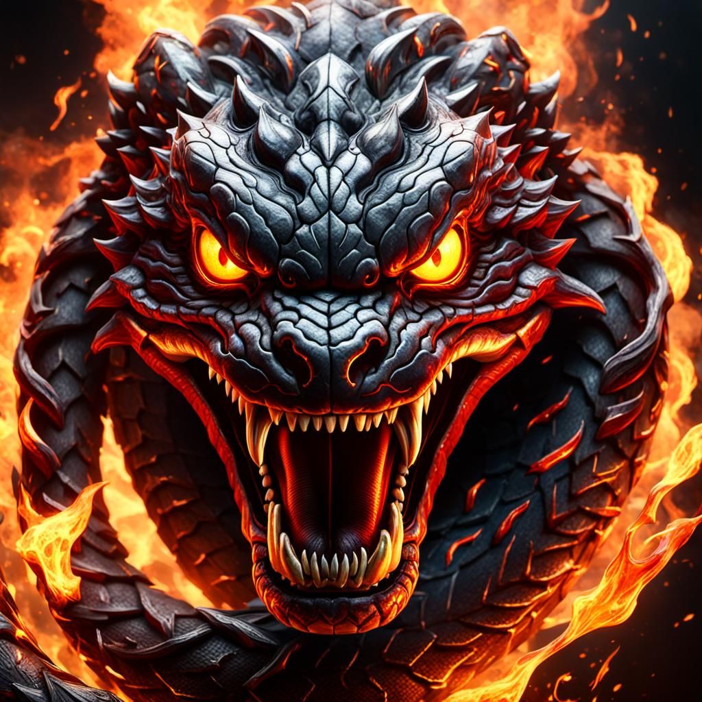 Flaming Snake Face in 3D Cinematic Style