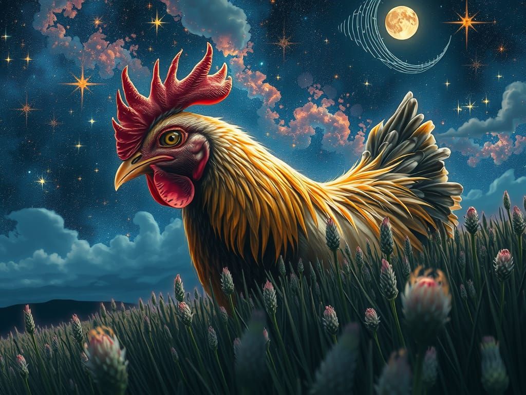 Grumpy Chicken in Starry Moorland Dreamscape