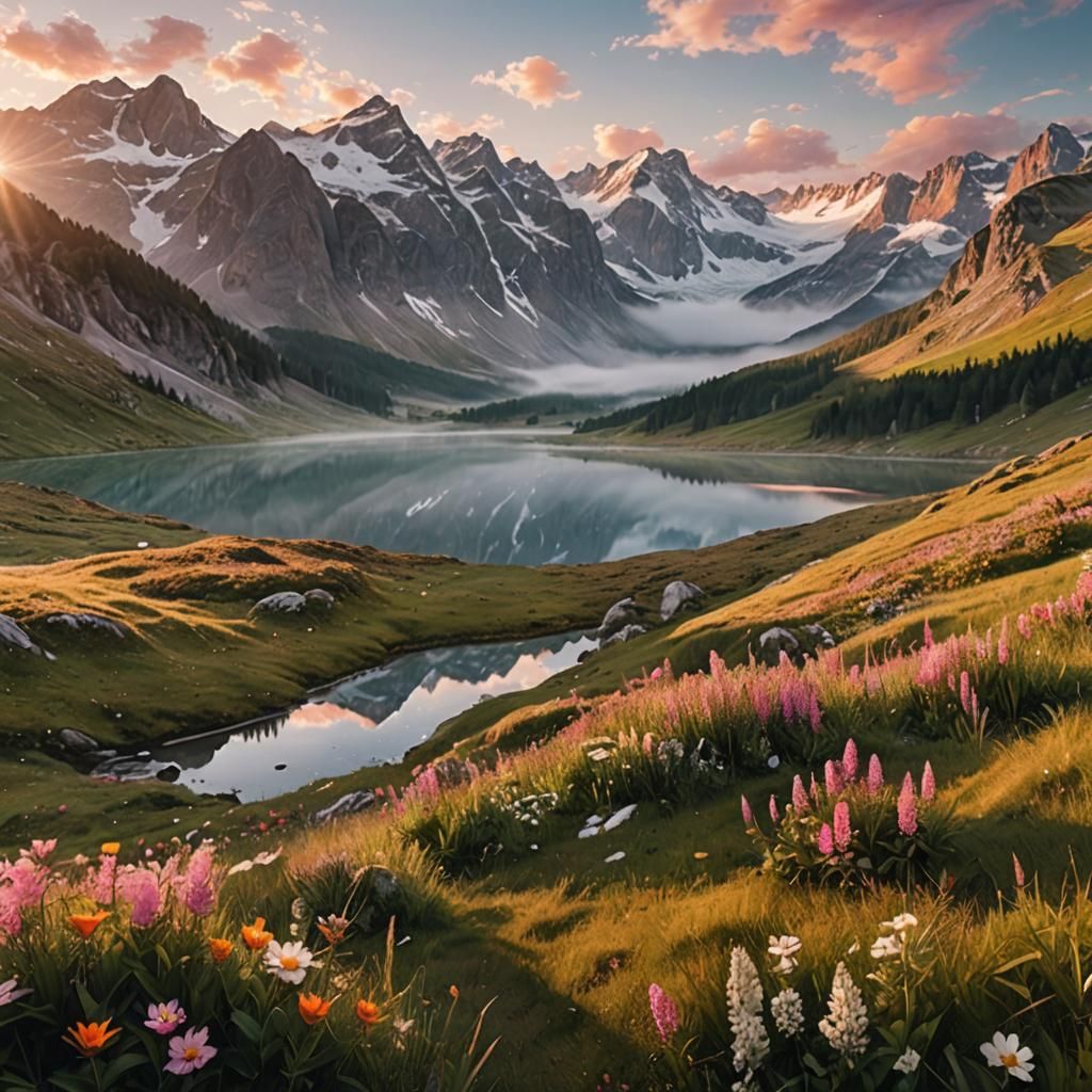 Mountain Valley Sunrise in Hyper-Realistic Style