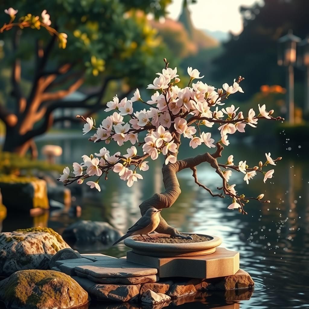 Bonsai Tree with Cherry Blossoms Digital Art