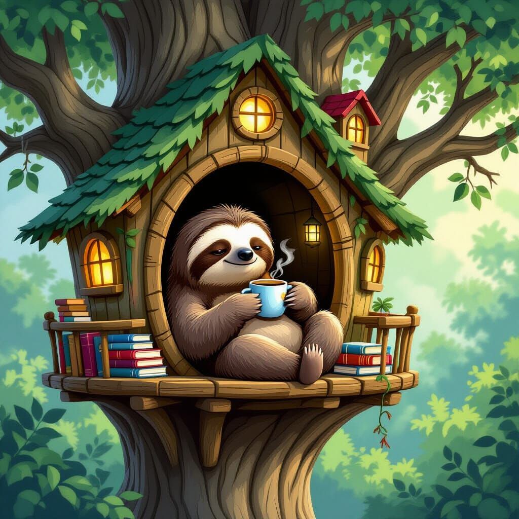 Cozy Sloth in Whimsical Treehouse, Painterly Style
