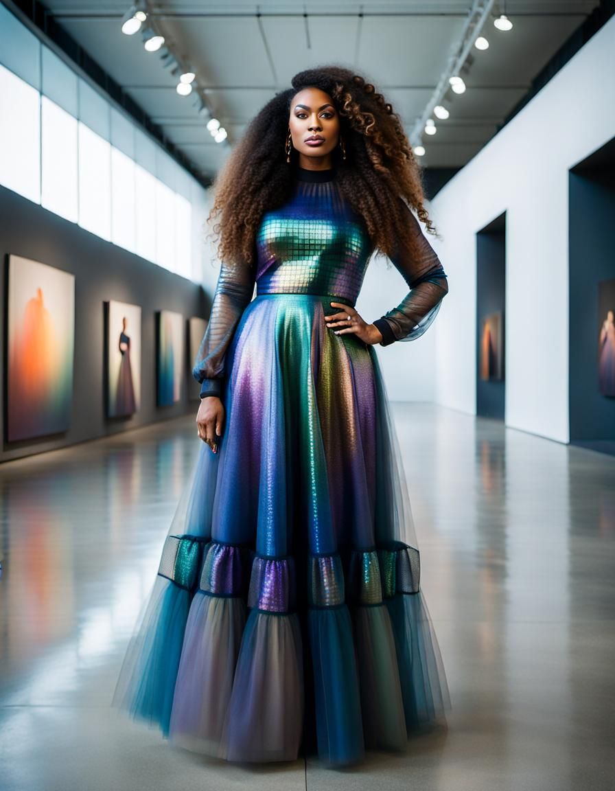 Iridescent Dress Fashion Photo in Modern Art Museum
