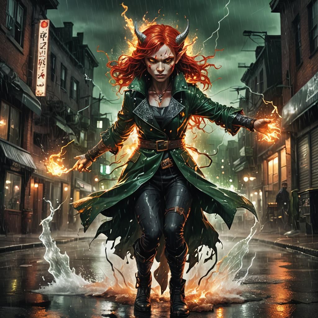 Imp Woman Wielding Elements in Dark Urban Fantasy Style