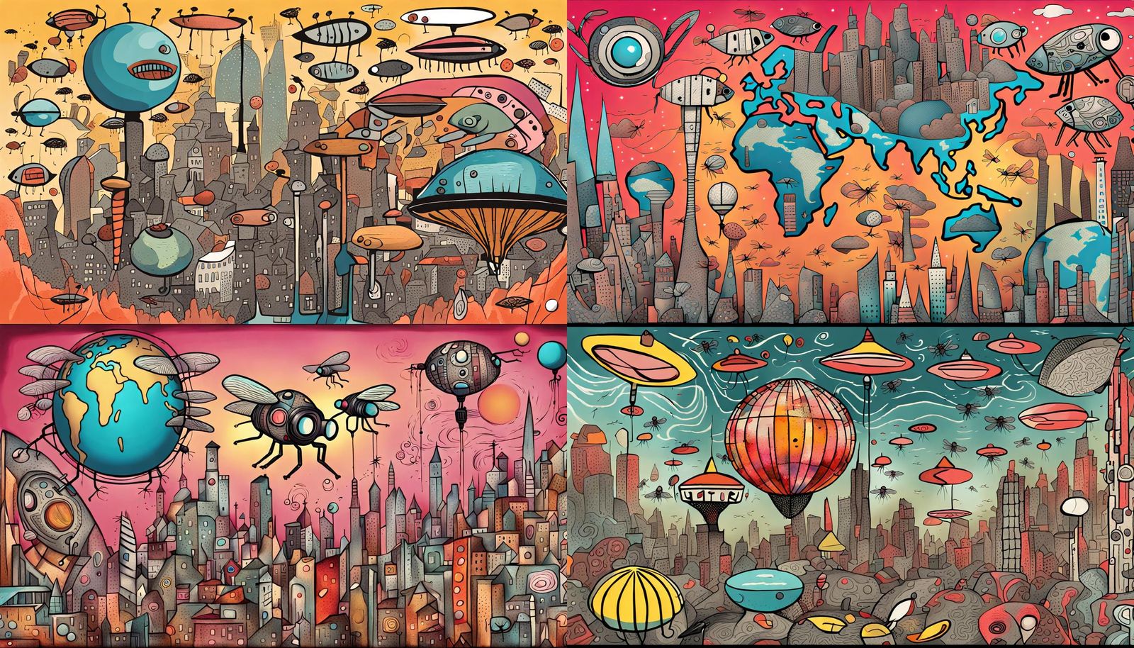 Fantastical Art Brut World in Retrofuturism Style