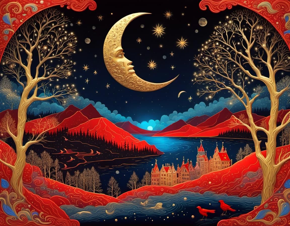 Crystal Moon Over Night Forest in Palekh Style