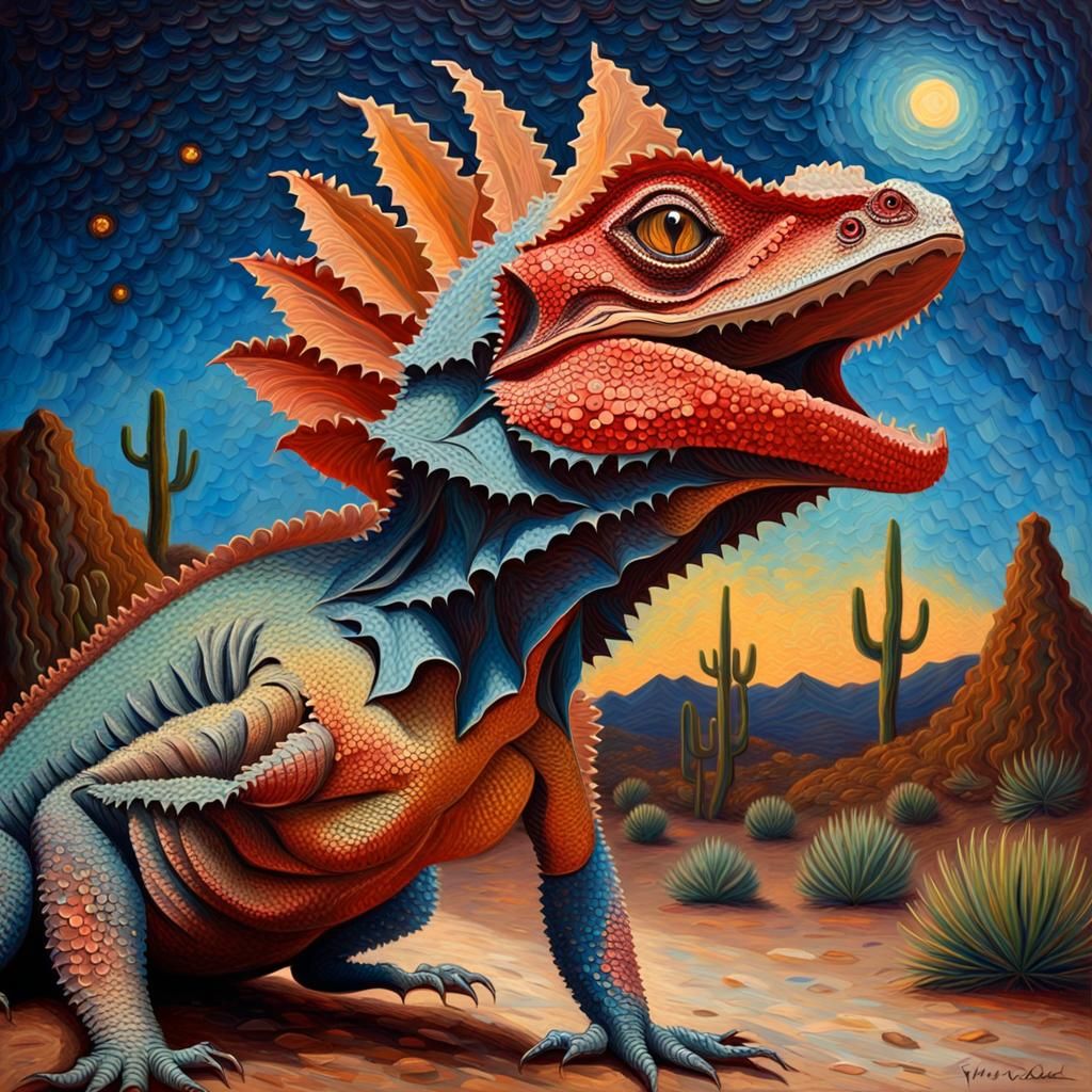 Frilled-Neck Lizard Under Starry Sky as Impasto Painting