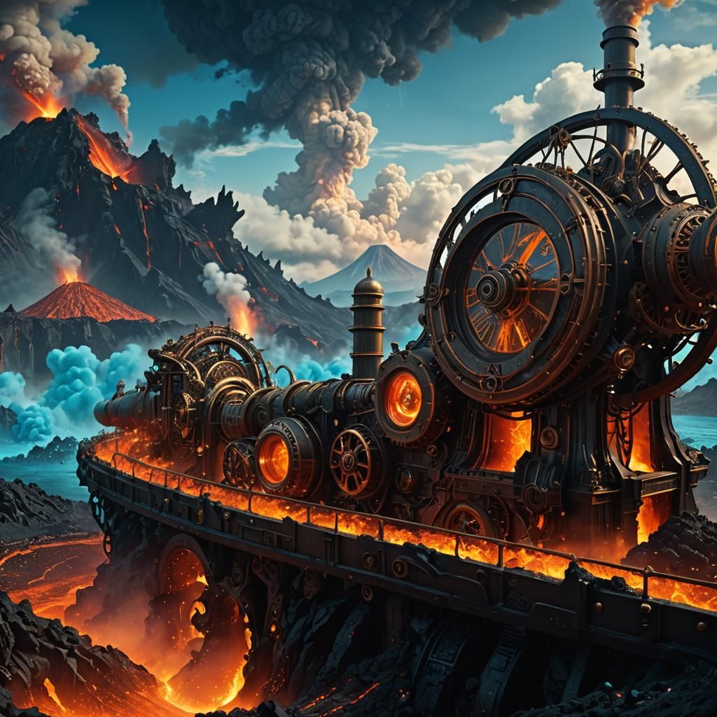 Steampunk Volcano Time Machine Eruption in Digital Painting
