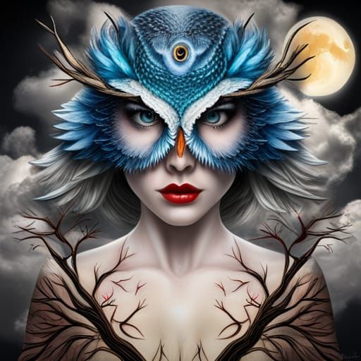 Hyperrealistic 3D Owl with Glass Wings Under Moon