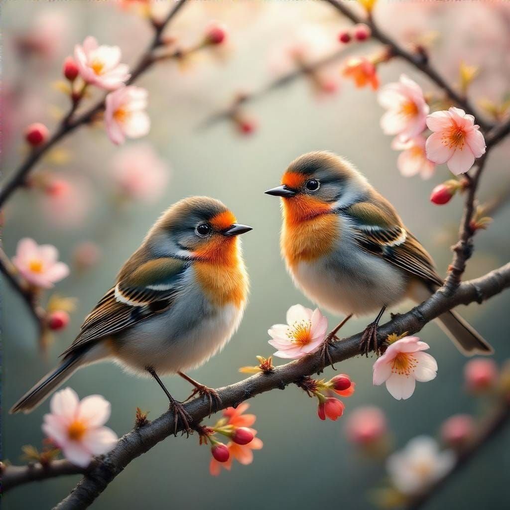Japandi Songbirds Portrait with Cherry Blossoms