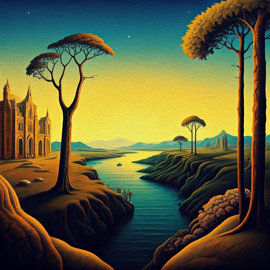 Surrealist Landscape with Pointillist Abstract Composition