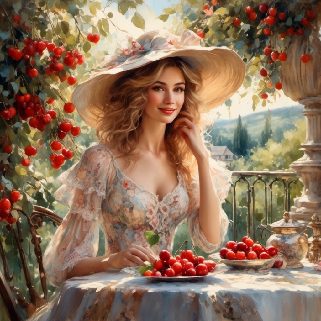 Elegant Lady on Balcony in Oil Painting Style
