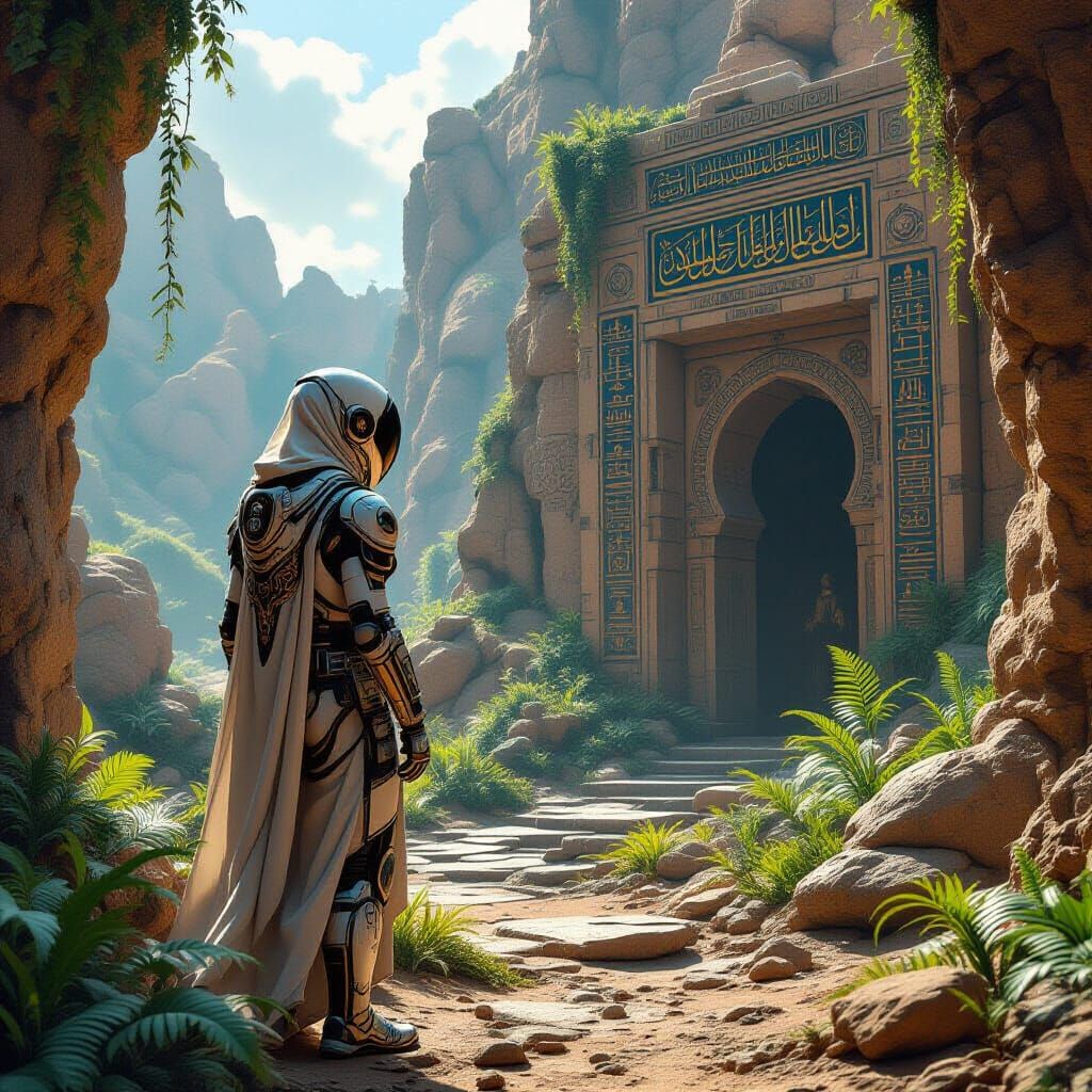 Futuristic Muslim Explorer Discovering Alien Ruins