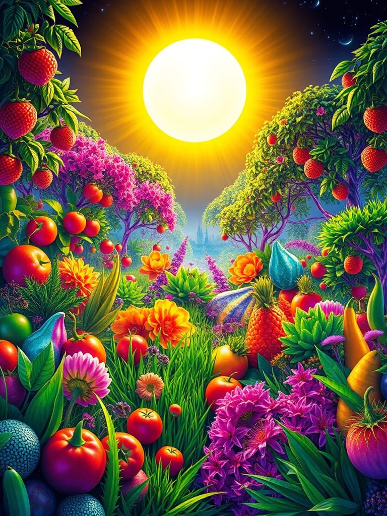 Glowing Vibrant Garden in Hyperrealistic Style