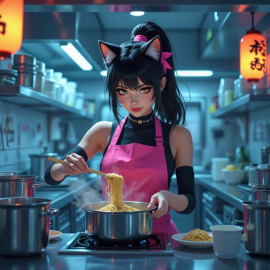 Cat Girl Cooks Ramen in Neo Tokyo Style