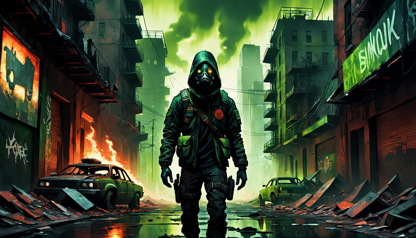 Futuristic Riot Scene in Dystopian Cityscape