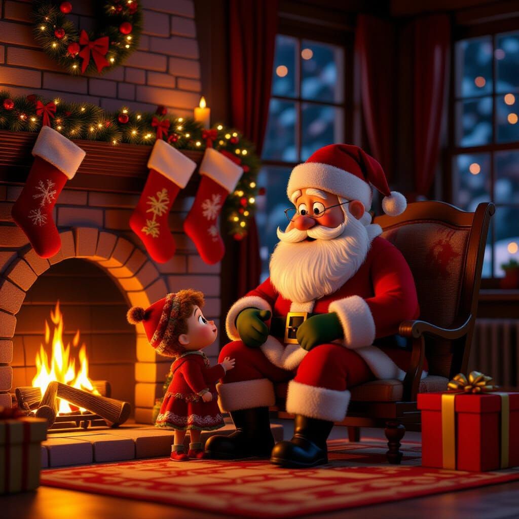 Santa Claus Shares Christmas Eve With A Child By Fireplace