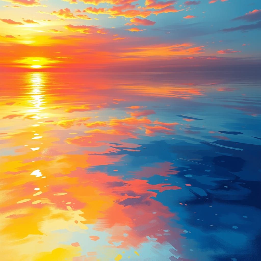 Tranquil Pond Reflecting Dawn and Dusk, Painterly Style