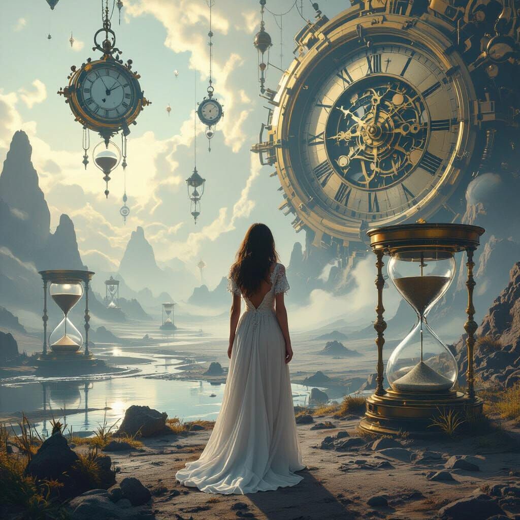 Contemplative Woman in Surreal Clockwork Landscape