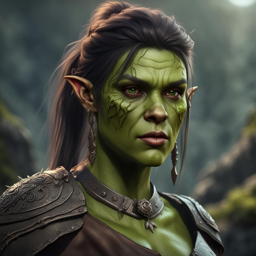 Pretty Green Half-Orc Girl: Fantasy Concept Art