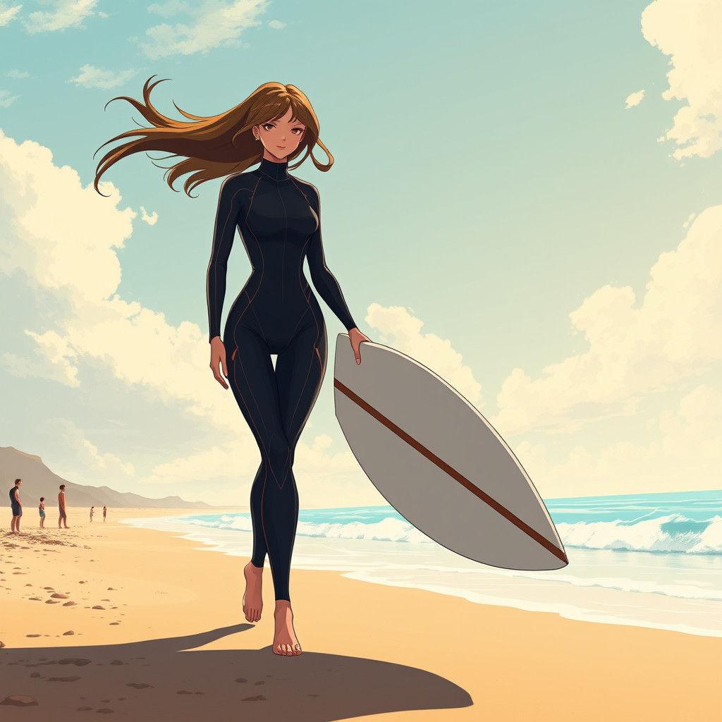 Giantess Surfer on Beach in Manga Scan Style