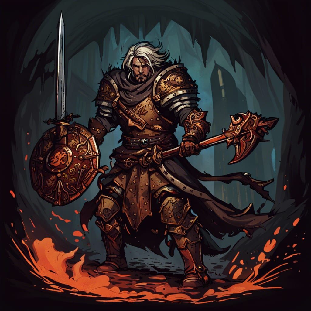 Fantasy Paladin Fighting Monster in Darkest Dungeon Style