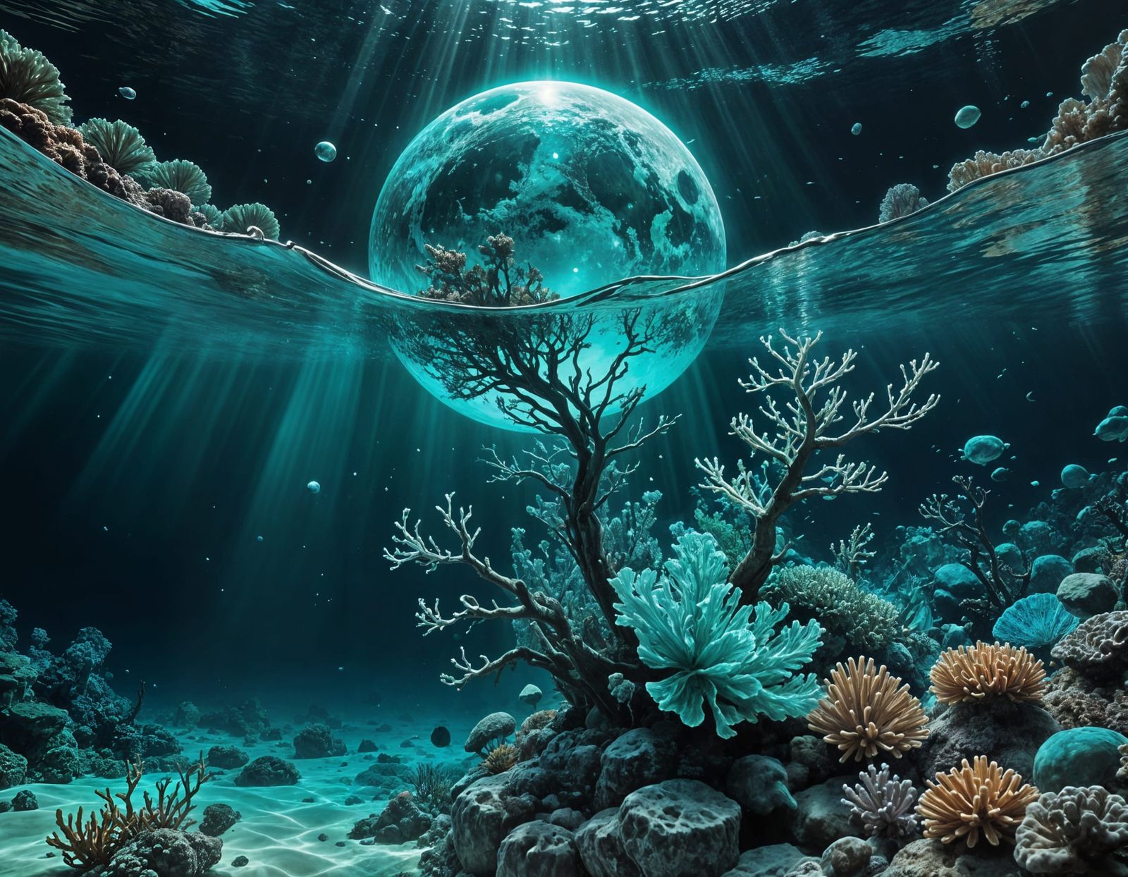 Submerged Full Moon in Cosmic Crystal Waters