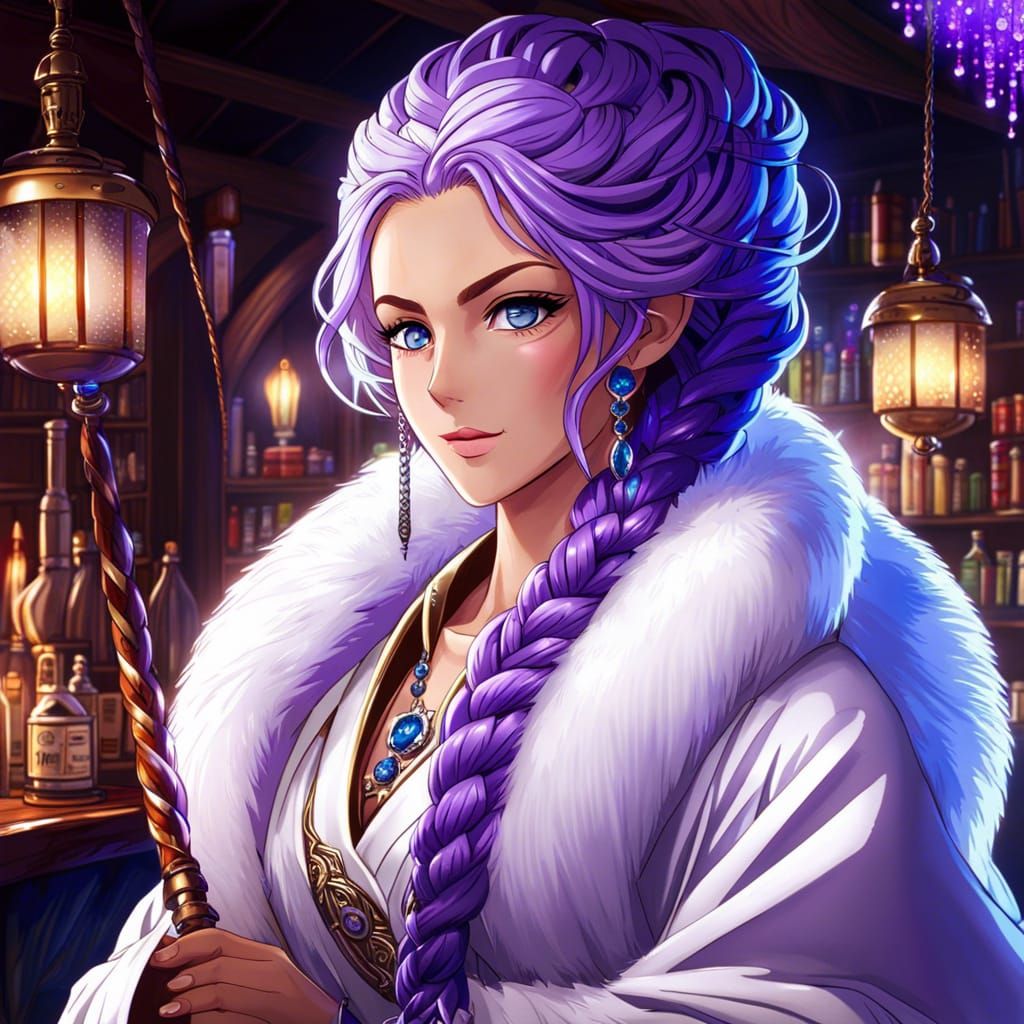 Anime Woman with Braided Hair in Tavern