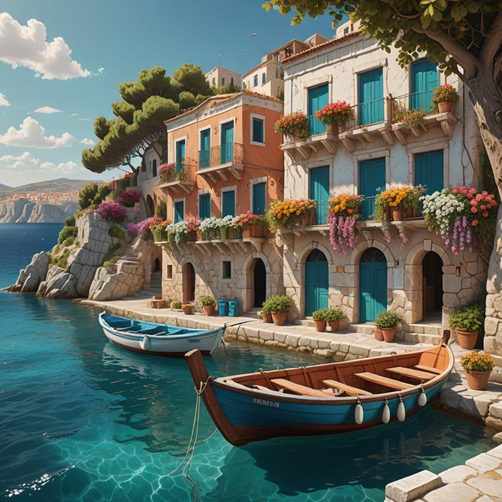 Greek Village Masterpiece in Vibrant Colors