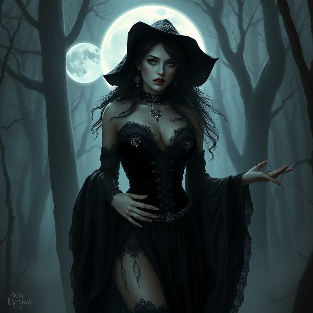 Gothic Witch Seductive Pose in Moonlit Forest
