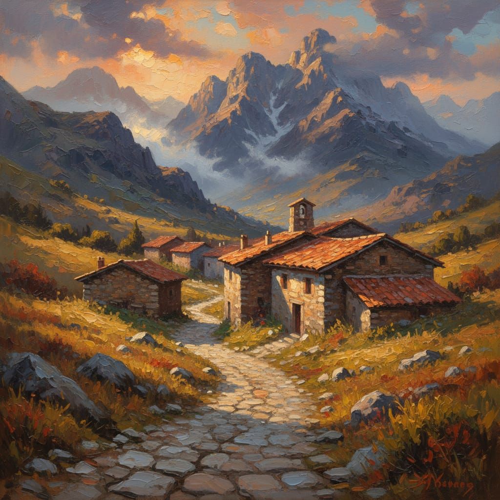 Mountain Village in Golden Hour, Oil Painting Style