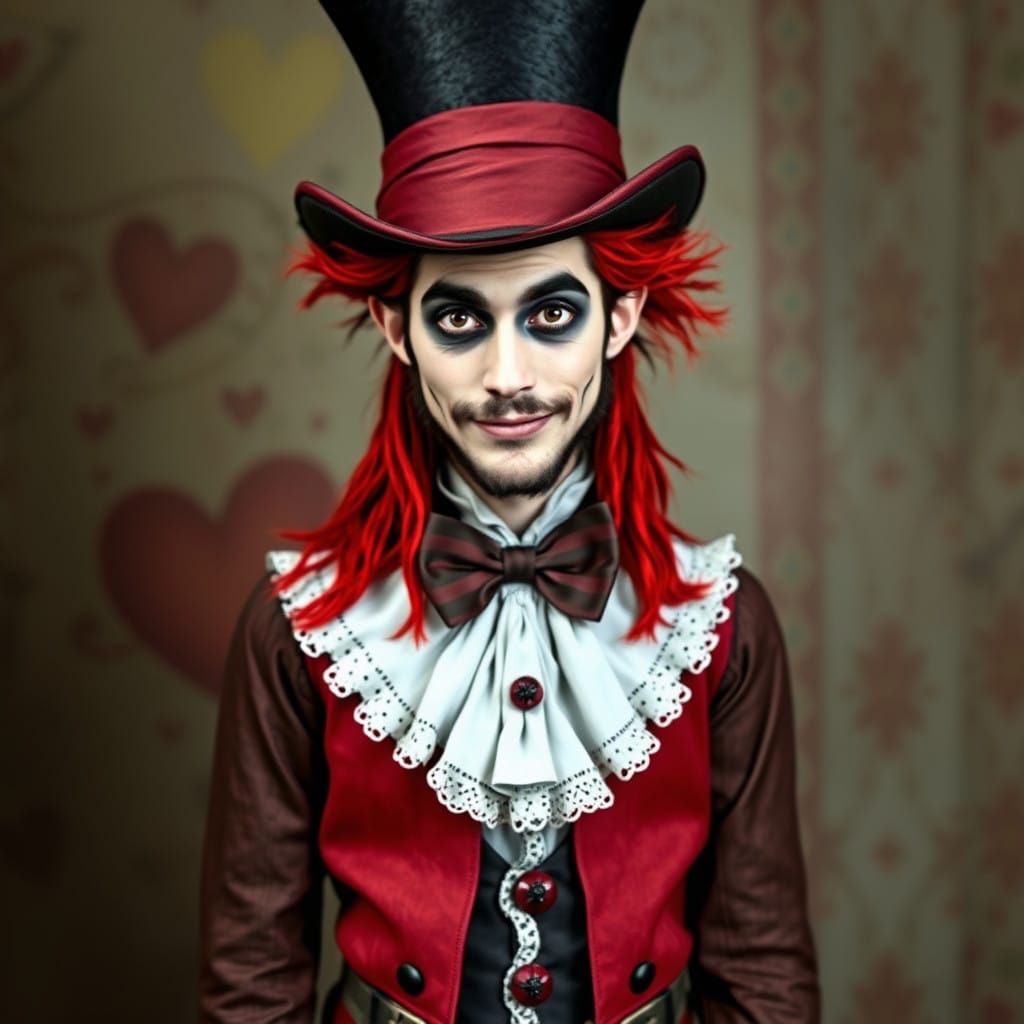 Mad Hatter in Queen of Hearts Attire with Long Red and Black...