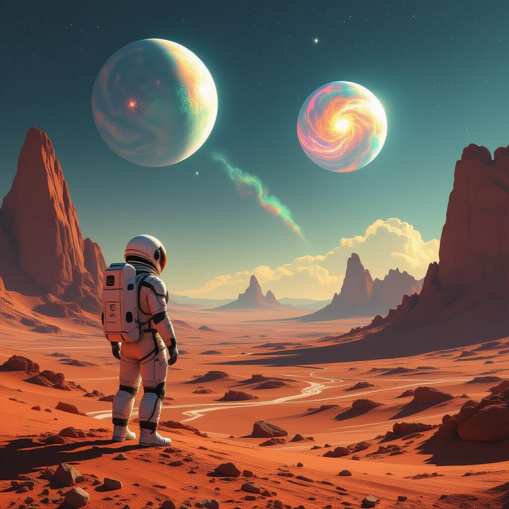 Astronaut Gazes at Alien Sky with Two Moons