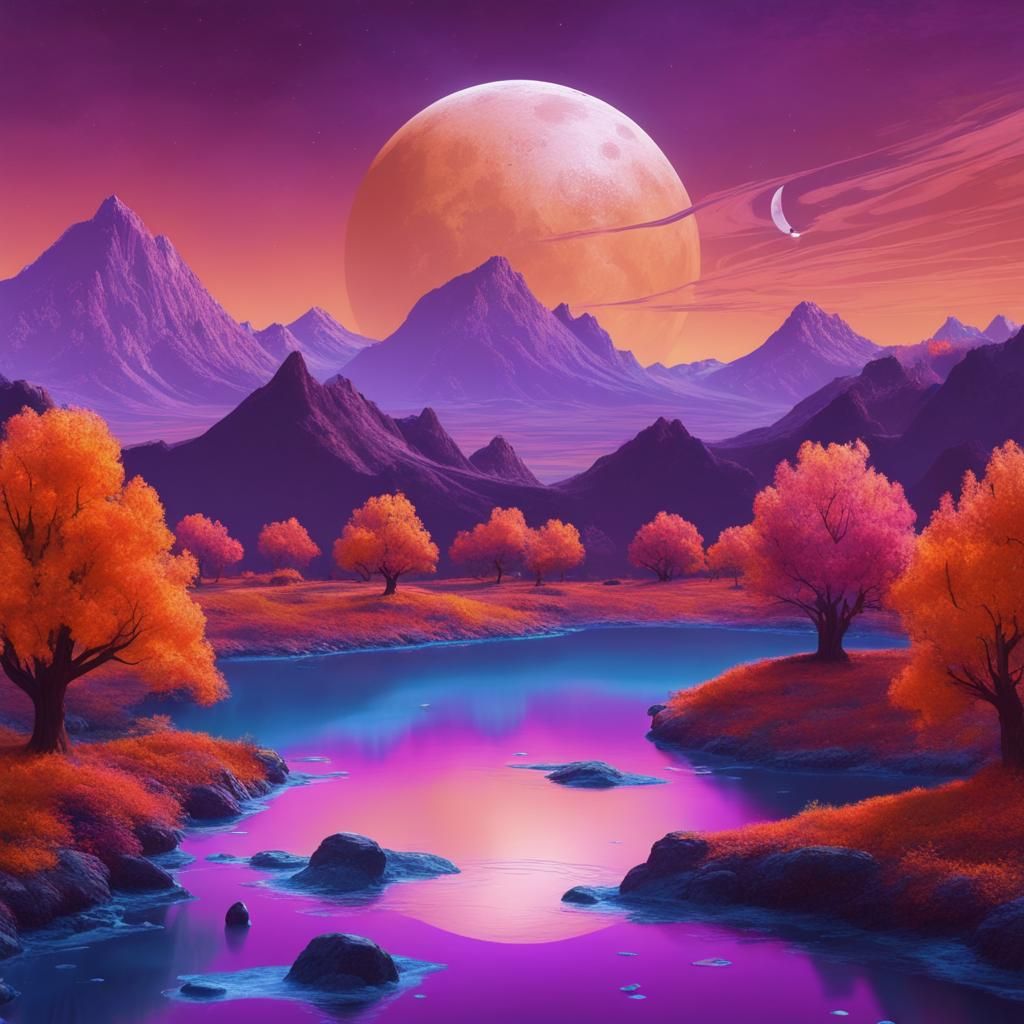 Surreal Alien Landscape with Purple Trees and Ringed Planet