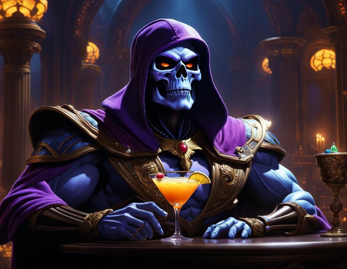 Skeletor enjoying a fancy cocktail, Masters of the Universe,...